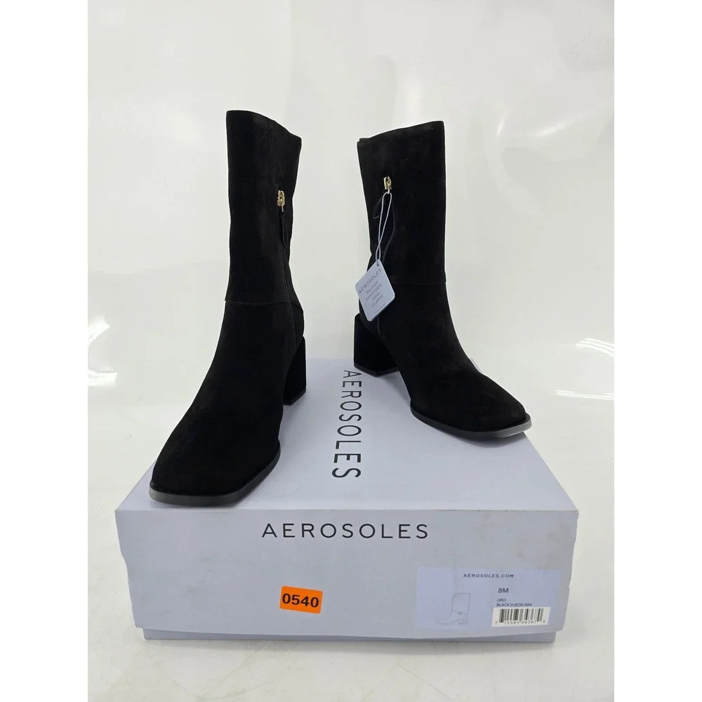 Aerosoles Oro Mid-Calf Boots Womens 8M Black Suede Block Heel -New
